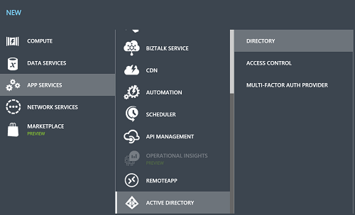 Menu to create Azure AD